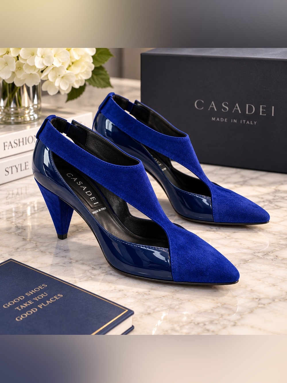 Casadei Royal Blue Suede Patent Leather Cutout Pointed Toe Heels 6.5 Italy Vntg